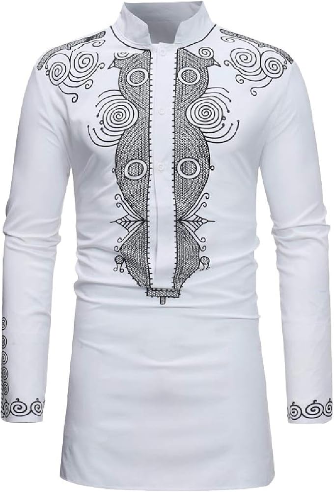 Men's Long Sleeve African Dashiki Traditional Gold Print Button Down Shirts