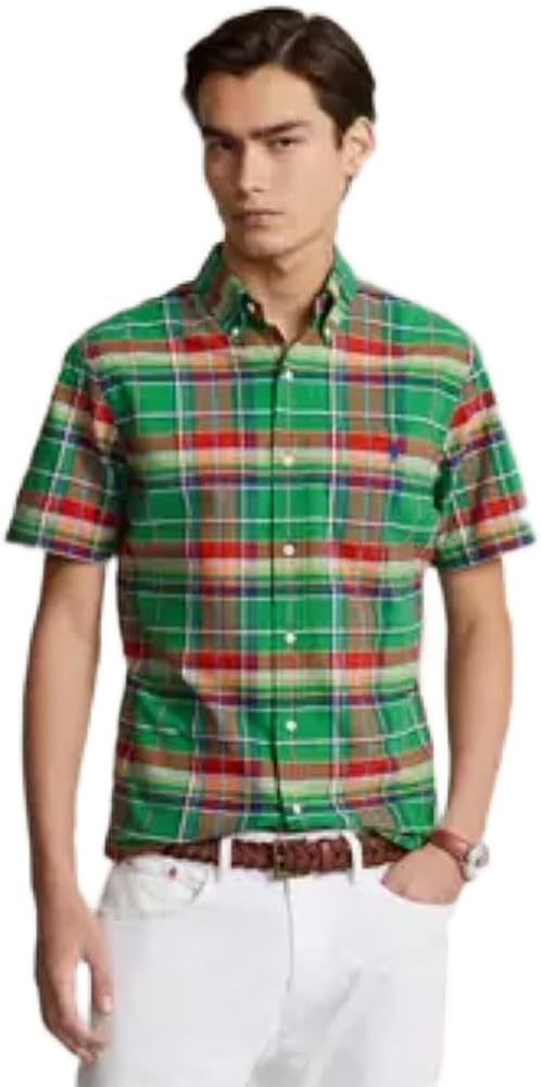 POLO RALPH LAUREN Mens Short Sleeve Classic Oxford Button Down Shirt Large Green/Navy Multi