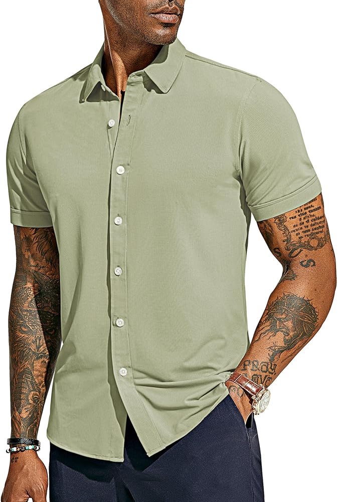 PJ PAUL JONES Mens Short Sleeve Casual Button Down Shirts 4-Way Stretch Travel Dress Shirt