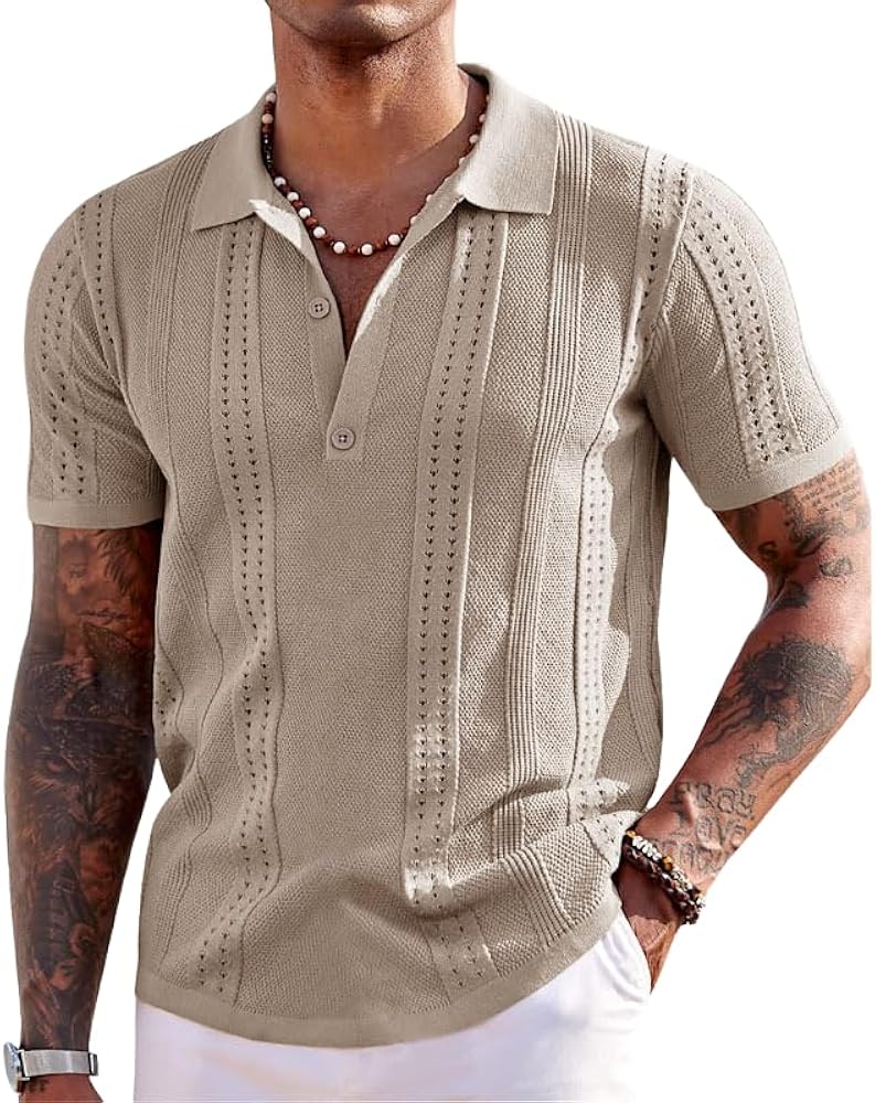 Men's Knit Polo Shirts Short Sleeve Button Down Polo Shirt Fashion Casual Soft Golf Shirts Knitted Golf T-Shirts