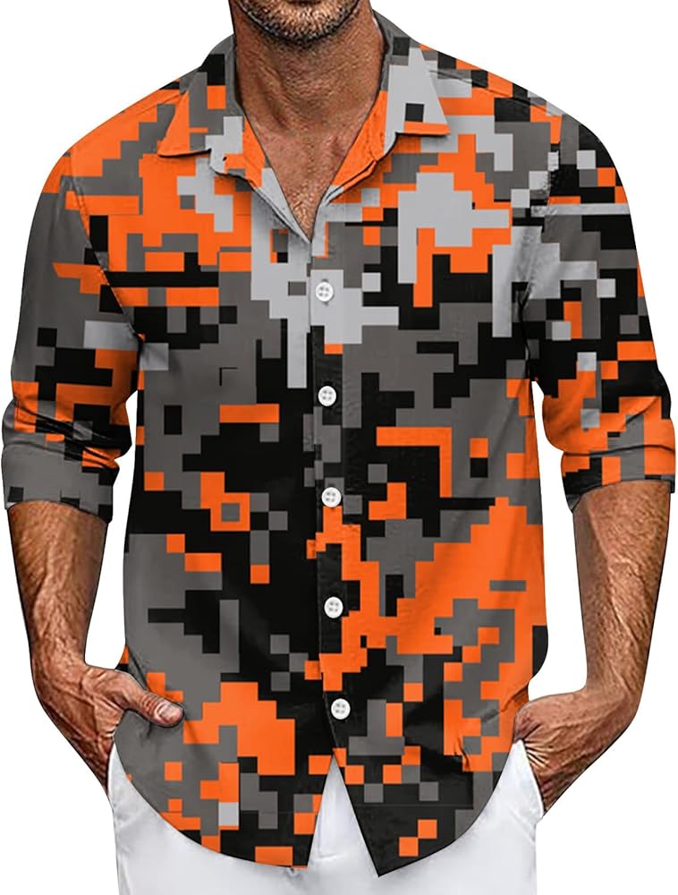 Mens Button Down Shirts Long Sleeve,Camo Graphic Print Shirt Slim Fit Casual T Shirts Blouses Work Dress Shirts