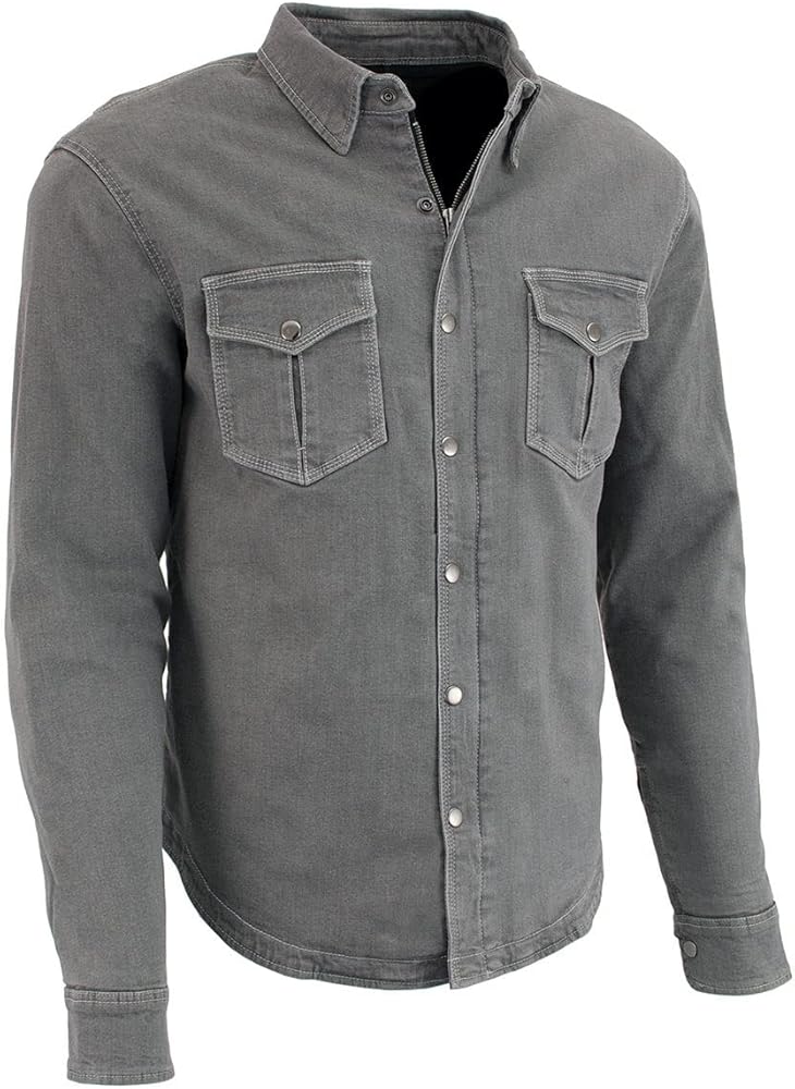 Milwaukee Leather MPM1621 Men's Grey Flannel Biker Shirt with CE Approved Armor - Reinforced w/Aramid Fibers