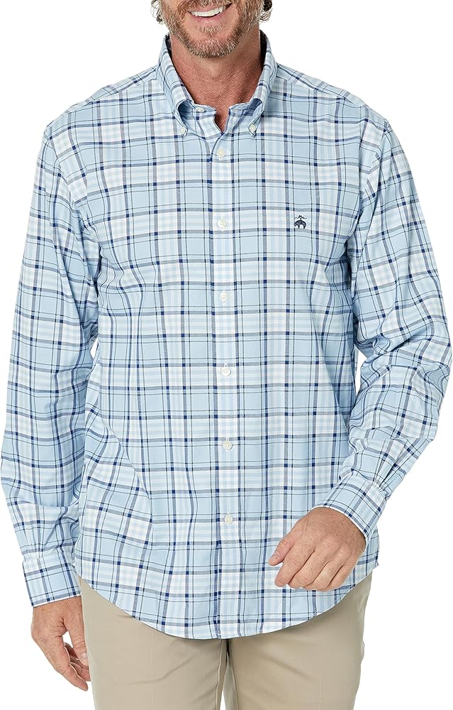 Brooks Brothers Men's Non-iron Stretch Dobby Sport Shirt Long Sleeve Plaid