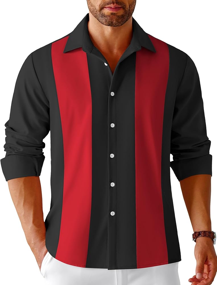 COOFANDY Men's Vintage Bowling Shirt Casual Long Sleeve Button Down Retro Shirt Black Red