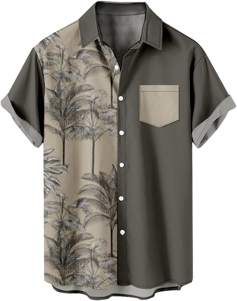 Casual Coconut Tree Hawaiian Bowling Shirt for Men Button Down Short Sleeve Aloha Shirts