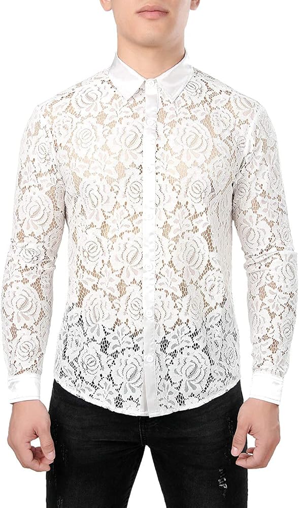 ZEROYAA Mens Night Club Style Lace Rose Floral Shirts Long Sleeve Sexy Mesh See Through Dress Shirts