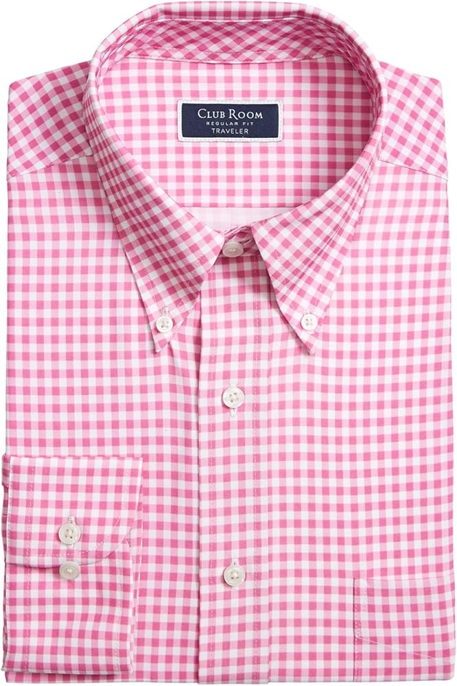 CLUBROOM Mens Traveler Pink Gingham Collared Classic Fit Button Down Shirt 14.5-32/33