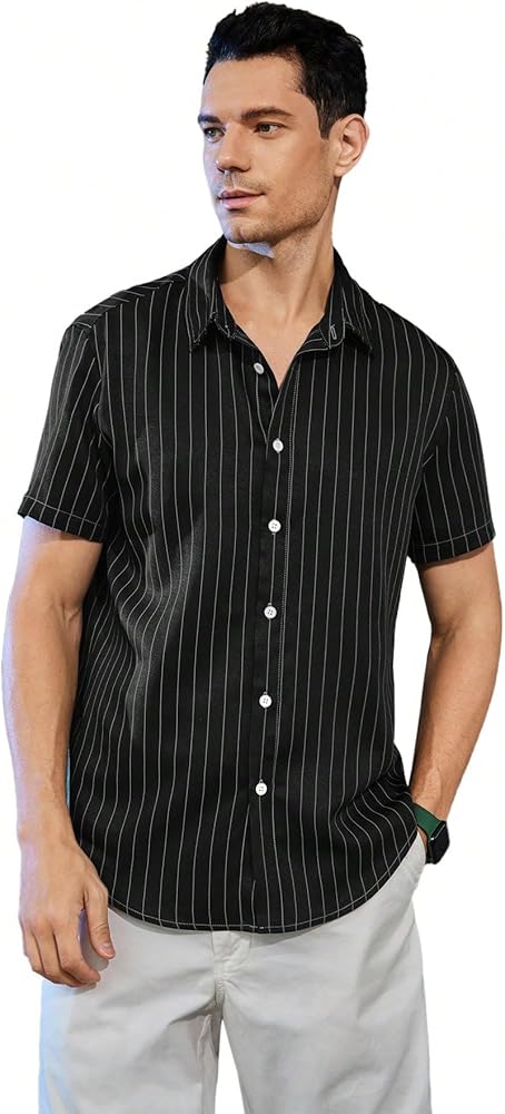 SOLY HUX Men's Short Sleeve Button Down Shirts Casual Dress Going Out Camp Tops Black Striped Black Large