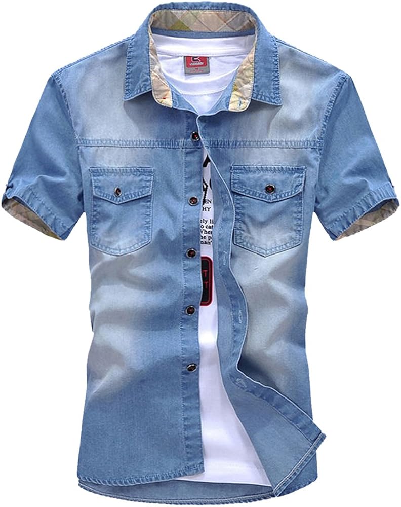 Men's Short Sleeves Jeans Casual Slim Stylish Wash-Vintage Denim Shirts (M, LightBlue)