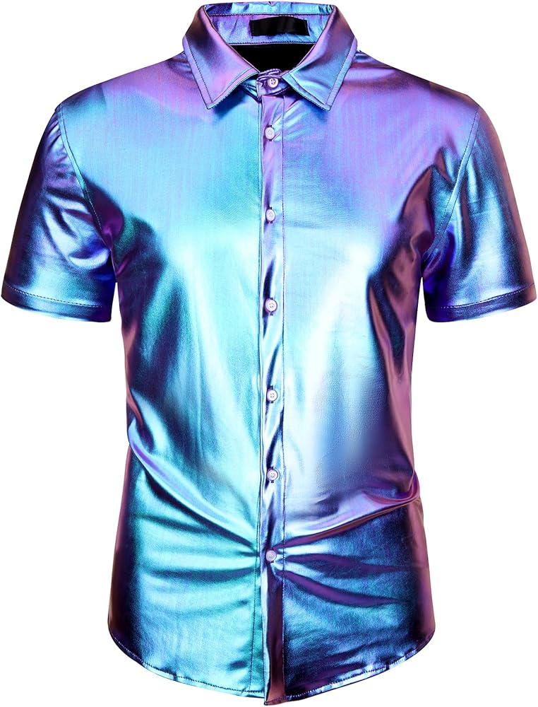 Lars Amadeus Short Sleeves Holographic Shirt for Men's Button Down Party Shiny Metallic Shirt