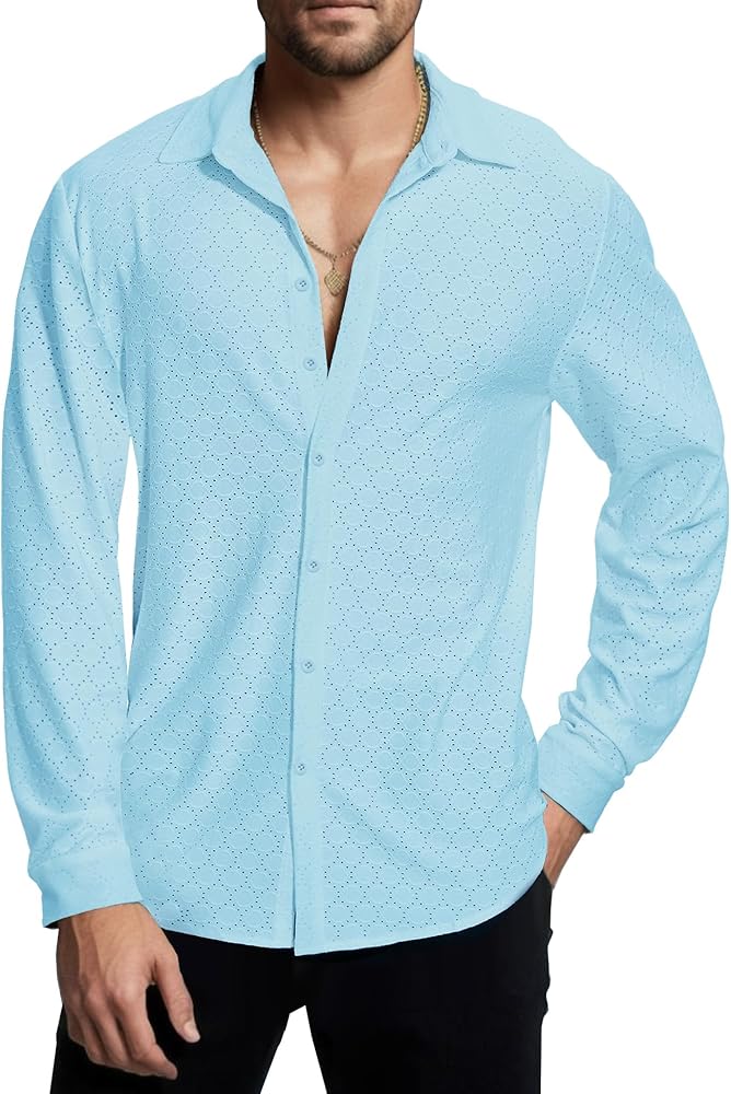 URRU Mens Button Down Shirt Long Sleeve Stylish Hollow Out Party Sheer Casual Vacation Shirts