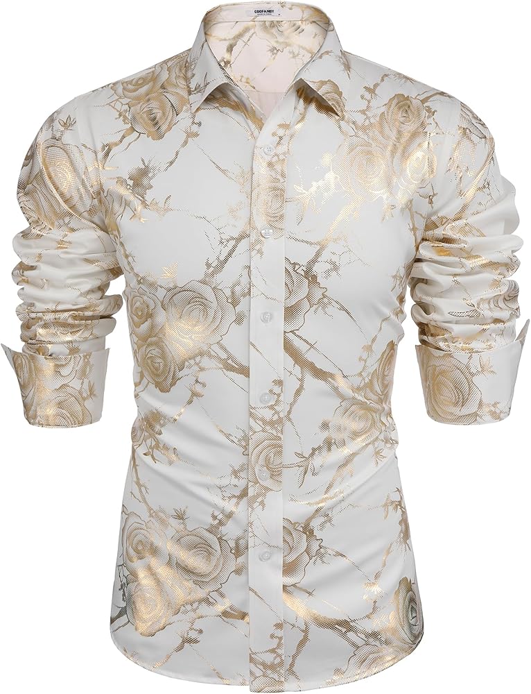 COOFANDY Men's Paisley Shirt Luxury Disco Long Sleeve Button Down Dress Shirts