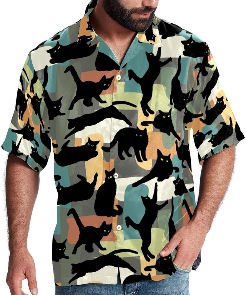 Black Cat Pattern Men Casual Button Down Shirts Short Sleeve