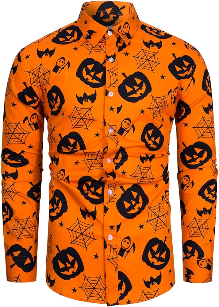 fohemr Mens Funny Halloween Shirt Ugly Pumpkin Long Sleeve Casual Button Down Shirts Adult Costume for Party