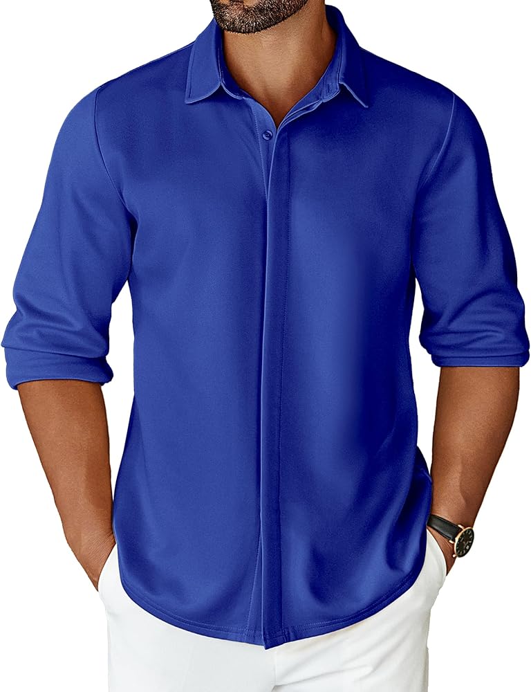 COOFANDY Men's Long Sleeve Wrinkle Free Dress Shirts Stretch Casual Button Up Shirt Sapphire Blue