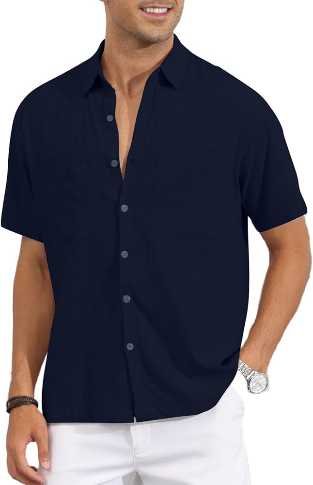 Men's Casual Short Sleeve Shirts Cuban Guayabera Button Down Linen Shirt Summer Beach Top with Pocket