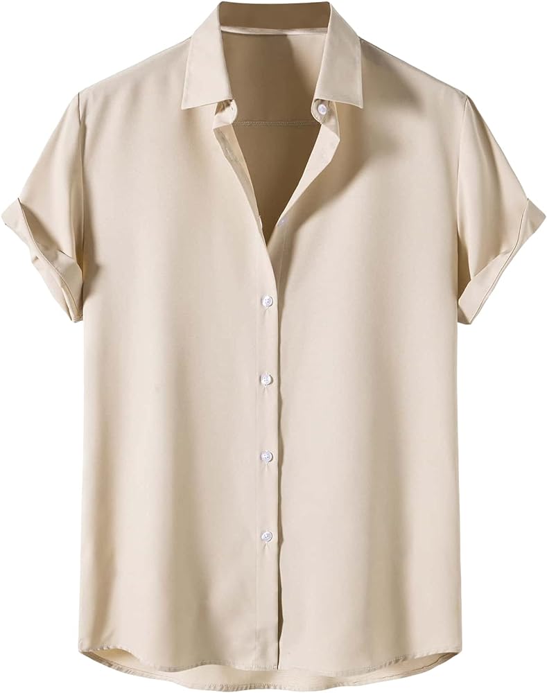 SOLY HUX Men's Short Sleeve Button Down Shirts Casual Dress Going Out Camp Tops Apricot Plain L