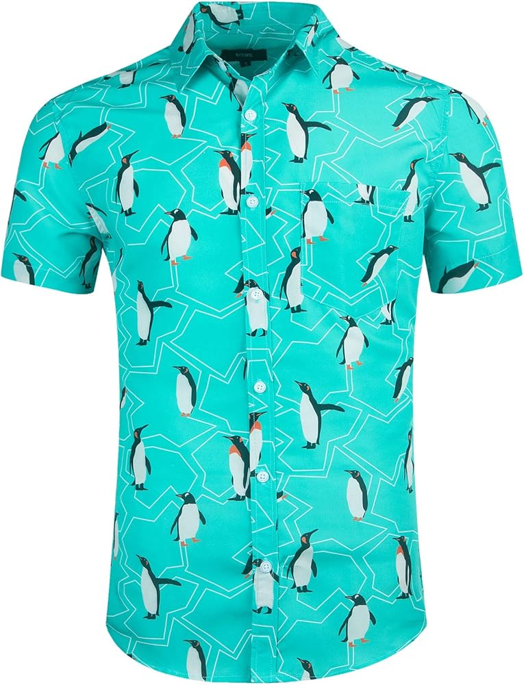 Mens Aloha Hawaiian Shirt Flamingos Penguin Printed Tropical Novelty Casual Short Sleeve Beach Wear