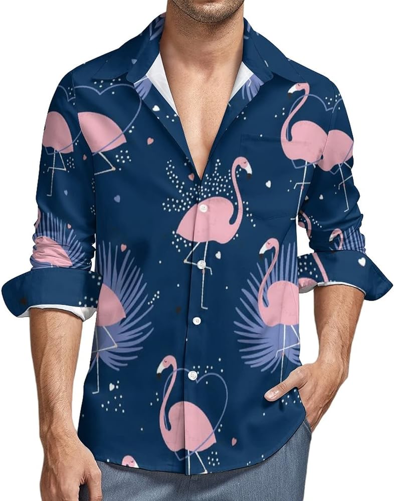 Exotic Pink Flamingos Men's Shirt Long Sleeve Button Down Casual Blouse Shirts Tops