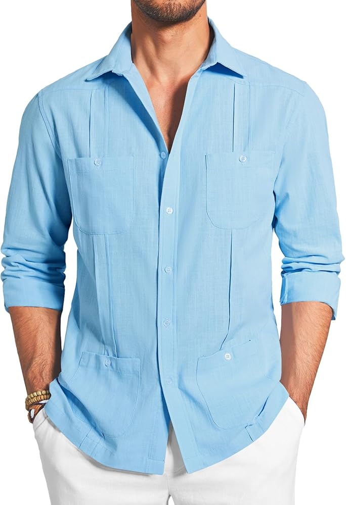 Makkrom Mens Guayabera Linen Shirts Long Sleeve Button Down Cuban Casual Summer Beach Shirt Tops