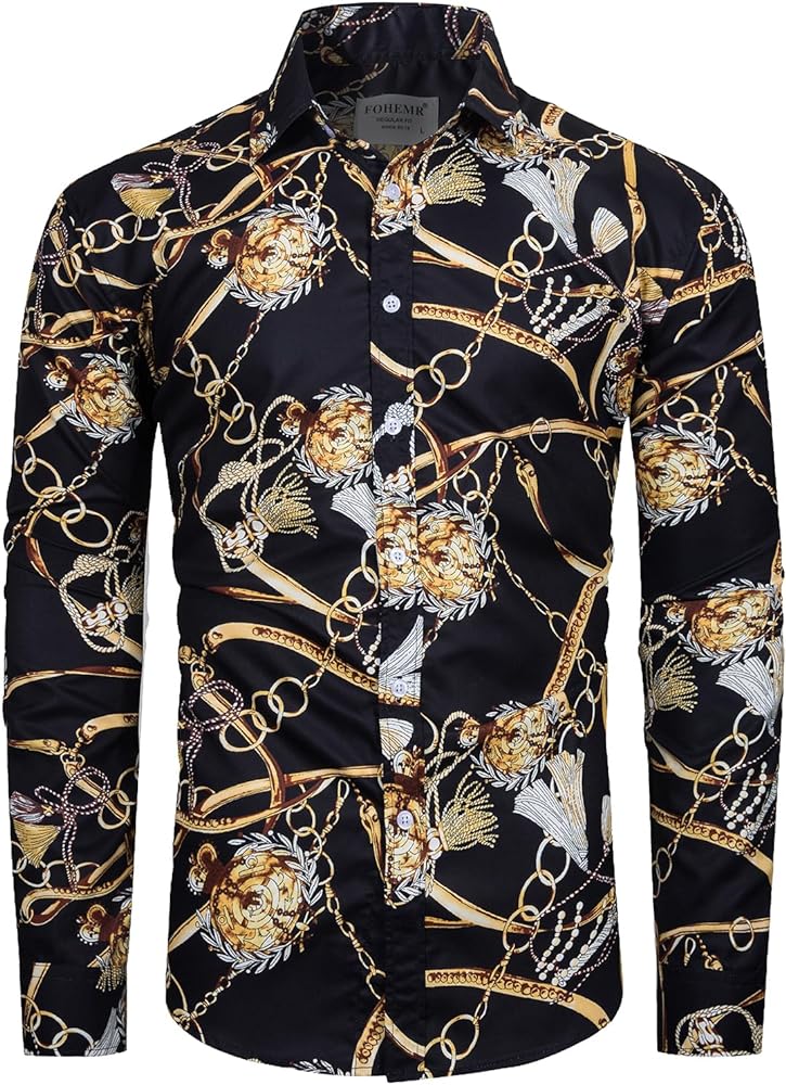 fohemr Mens Luxury Dress Shirts Baroque Gold Chain Print Casual Long Sleeve Button Down buchona Shirt for Party Black