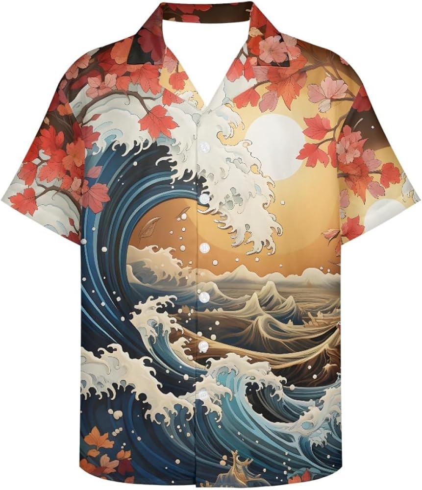 GLUDEAR Men's Japanese The Great Wave Off Kanagawa Katsushika Hokusai Art 3D Print Casual Button Down Shirt