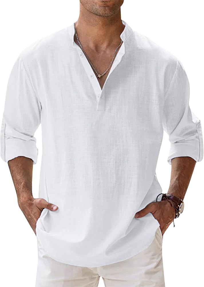 Men's Linen Shirts Long Sleeve Button Down Henley Shirts Casual Solid Band Collar Beach Shirt