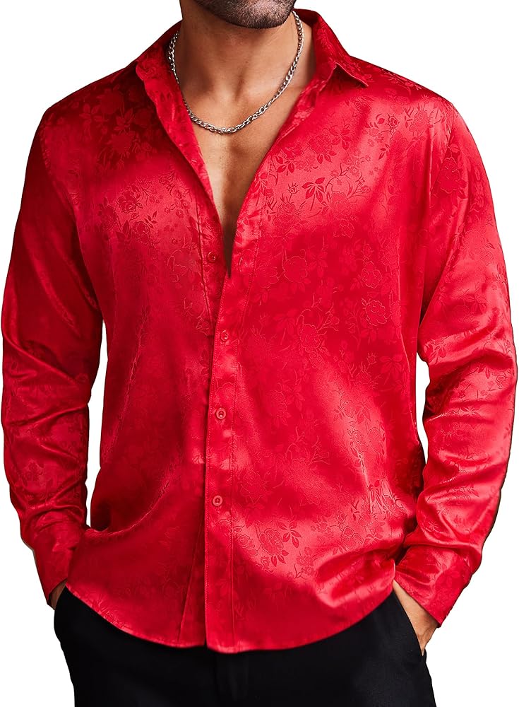 COOFANDY Men's Silk Satin Dress Shirts Jacquard Long Sleeve Floral Button Up Shirts Party Prom Wedding Shirt