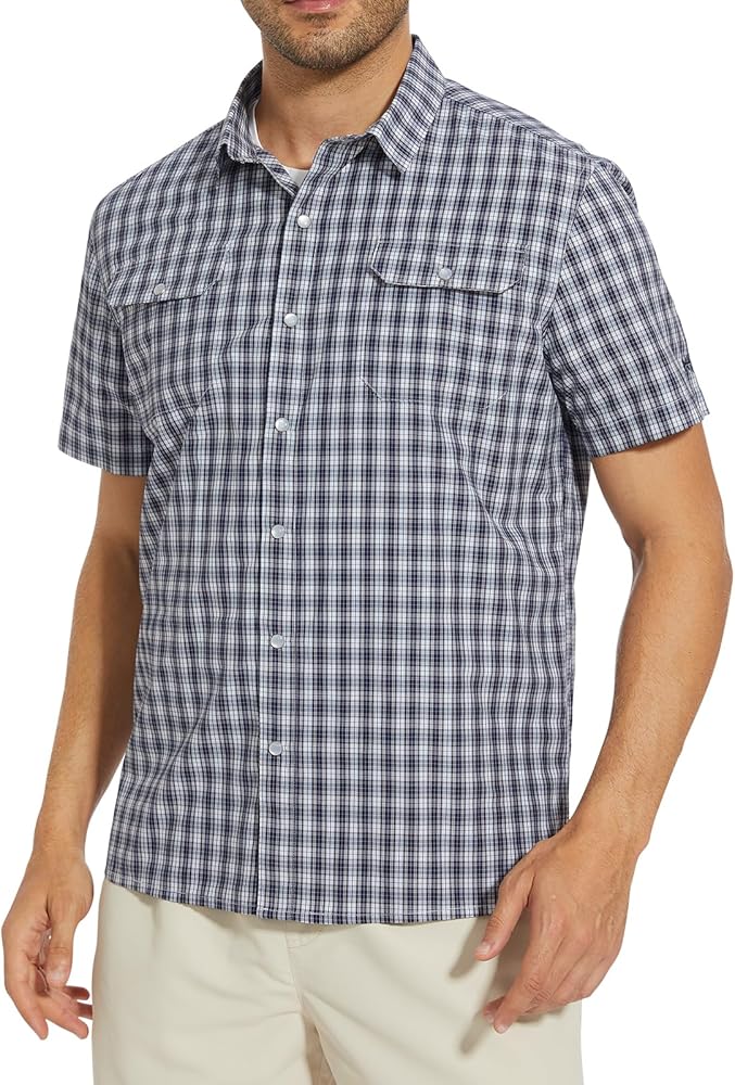 BASSDASH Men's UPF 50+ Short Sleeve Plaid Checkered Snap Button Down Shirt Regular Fit Two Pockets Casual Dress Check Shirts