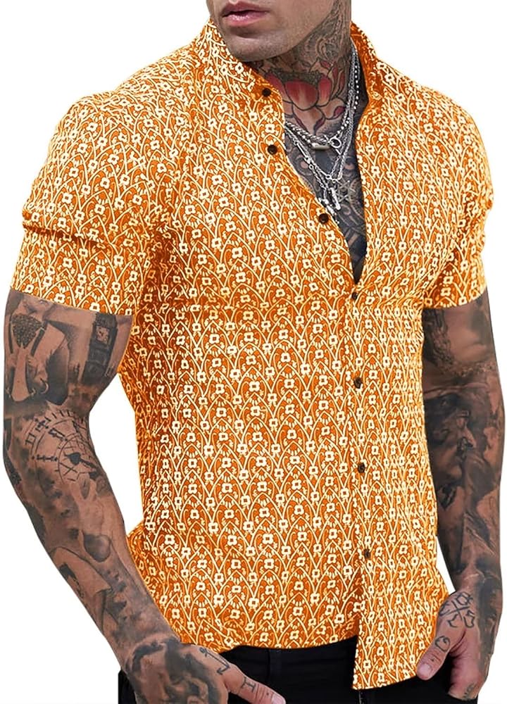 Men's Printed Comfort Flex Dress Shirts Short Sleeve Athletic Muscle Button Down Shirts