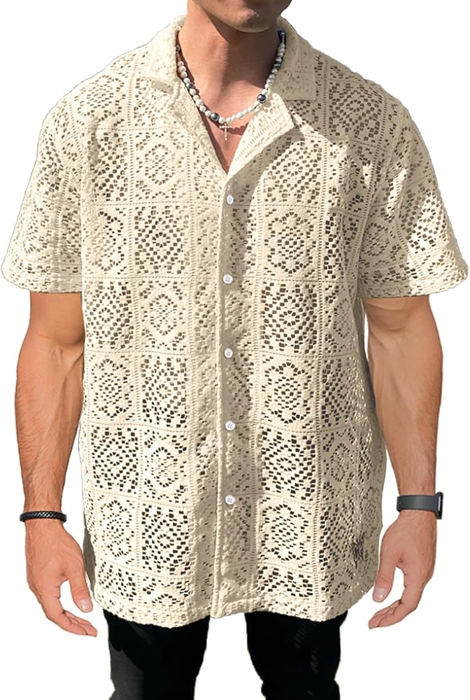 Mens Lace Sheer Button Down Shirt Floral Meshed Short Sleeves Knit Shirts Tee Top Openwork Beach Casual Vacation