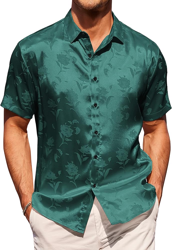 COOFANDY Men's Summer Jacquard Shirts Short Sleeve Silk Satin Casual Button Down Shirt Hawaiian Beach Tops