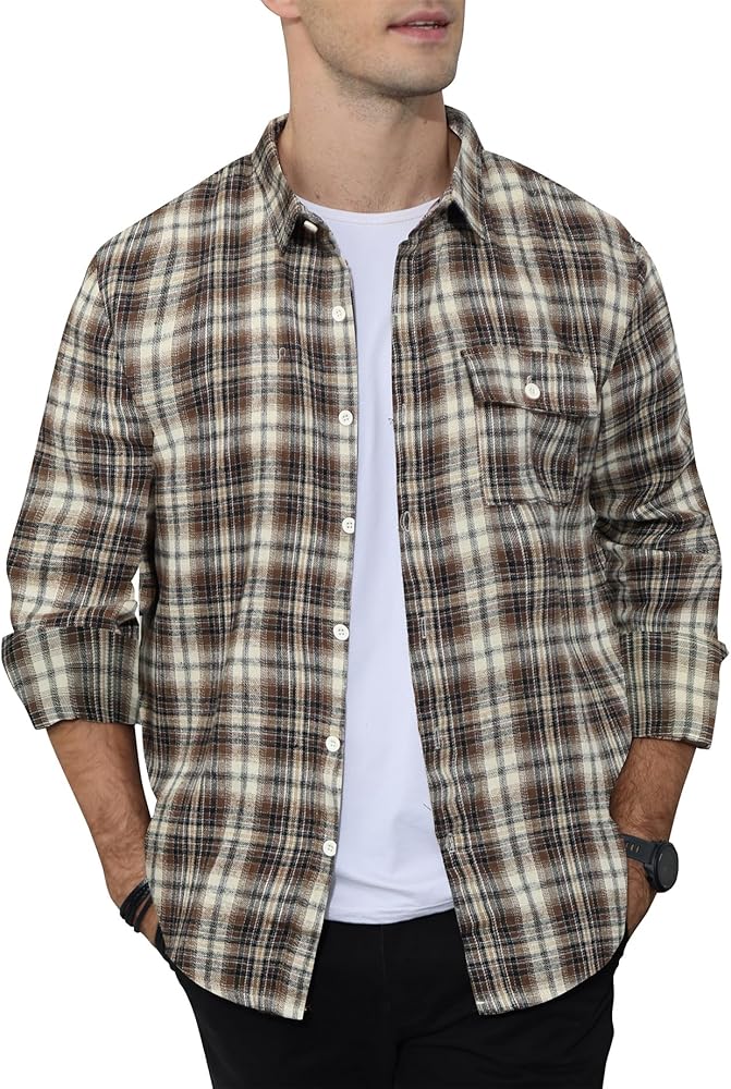 YawYews Men’s Casual Flannel Plaid Shirts Long Sleeve Button Up Lightweight Shirts Jacket Shacket with Pocket