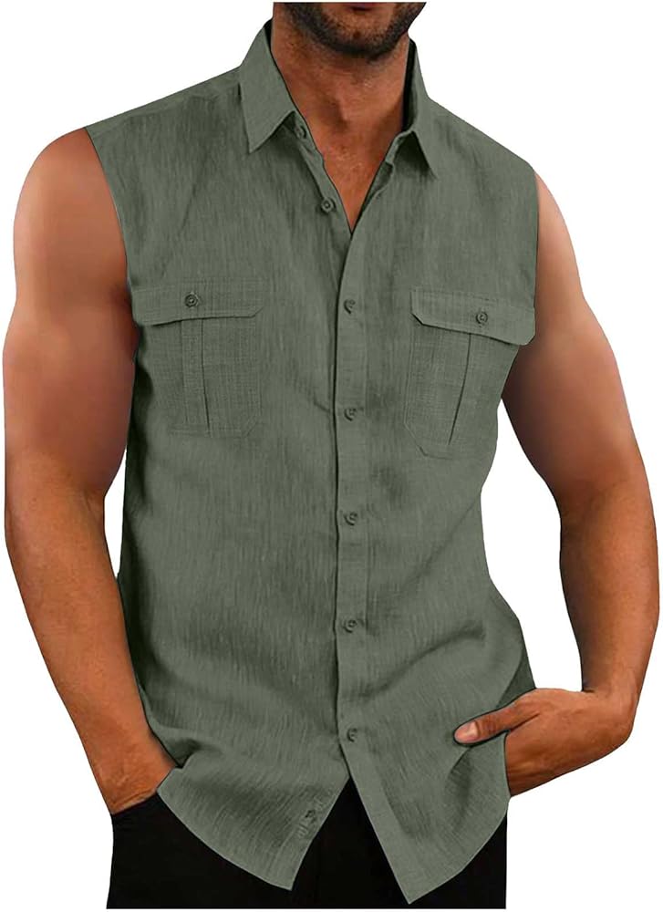 Men's Cotton Linen Sleeveless Shirts Summer Button Down Shirt Beach Tank Top Basic Solid Shirt Vest with Double Pocket