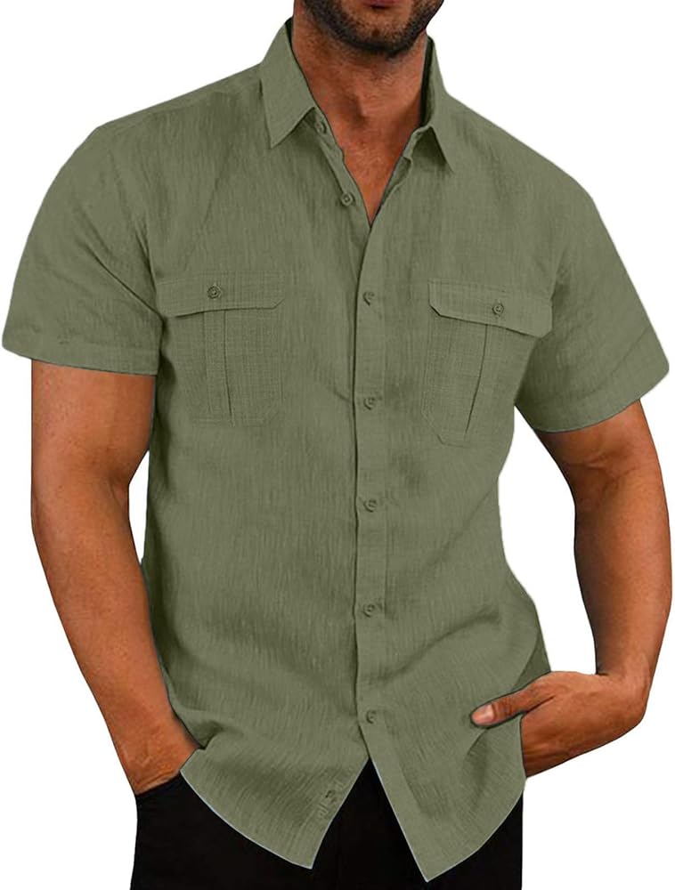 Short Sleeve Cotton Linen Shirt for Men, Button Down Hawaiian Work Shirts, Summer Beach Tops Solid Guayabera Shirt