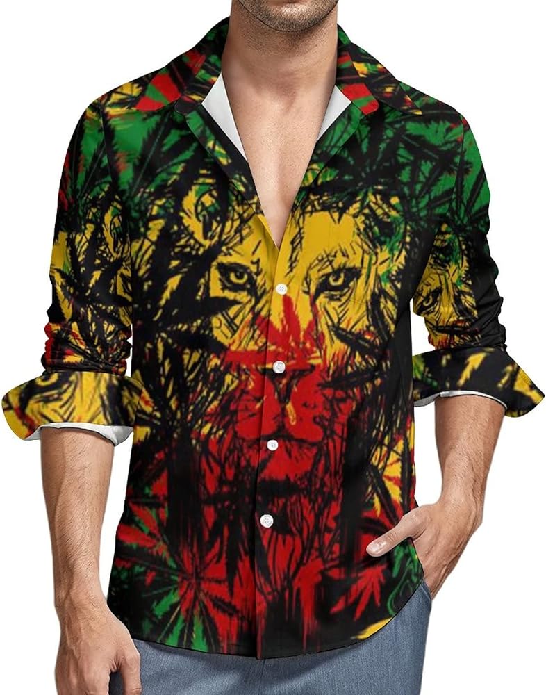 Jamaica Rasta Lion Men's Shirt Long Sleeve Button Down Casual Blouse Shirts Tops