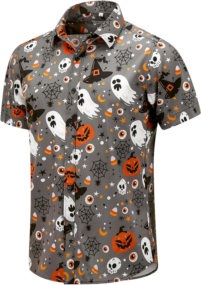 Halloween Button Down Shirt for Men Pumpkins Printed Casual Short Sleeve Hawaiian Aloha Shirts