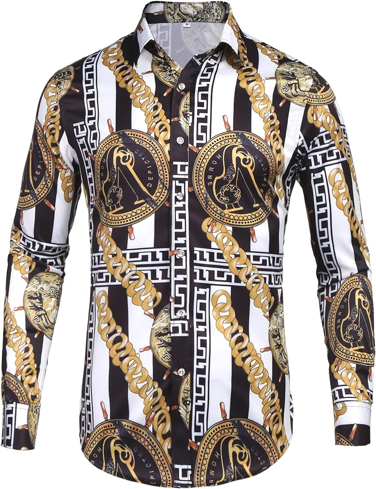 Pacinoble Mens Long Sleeve Fashion Luxury Design Print Dress Shirt