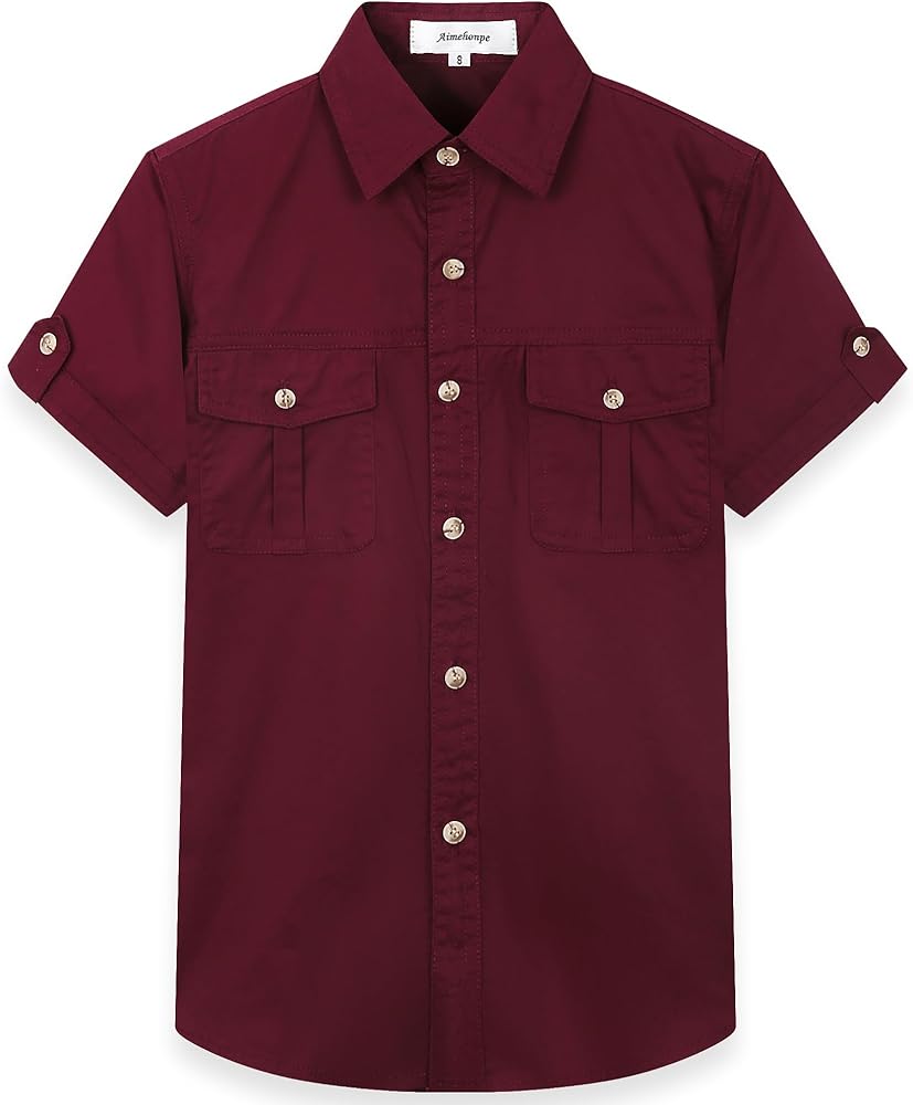 Big Boys & Mens Dress Shirts Western Button Down Short Sleeve Classic Woven Shirt with Two Pockets