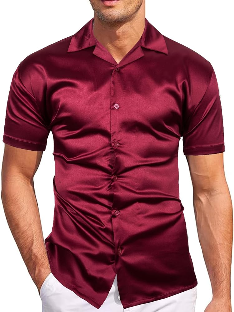 fohemr Mens Satin Shiny Cuban Shirts Luxury Short Sleeve Dress Button Down Stylish Solid Party Summer Business Shirt