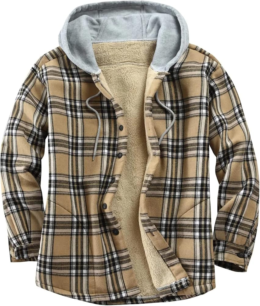 Flygo Flannel Shirt Jacket Men Fleece Hoodie Sherpa Lined Plaid Button Down Fall Winter Jackets with Hood