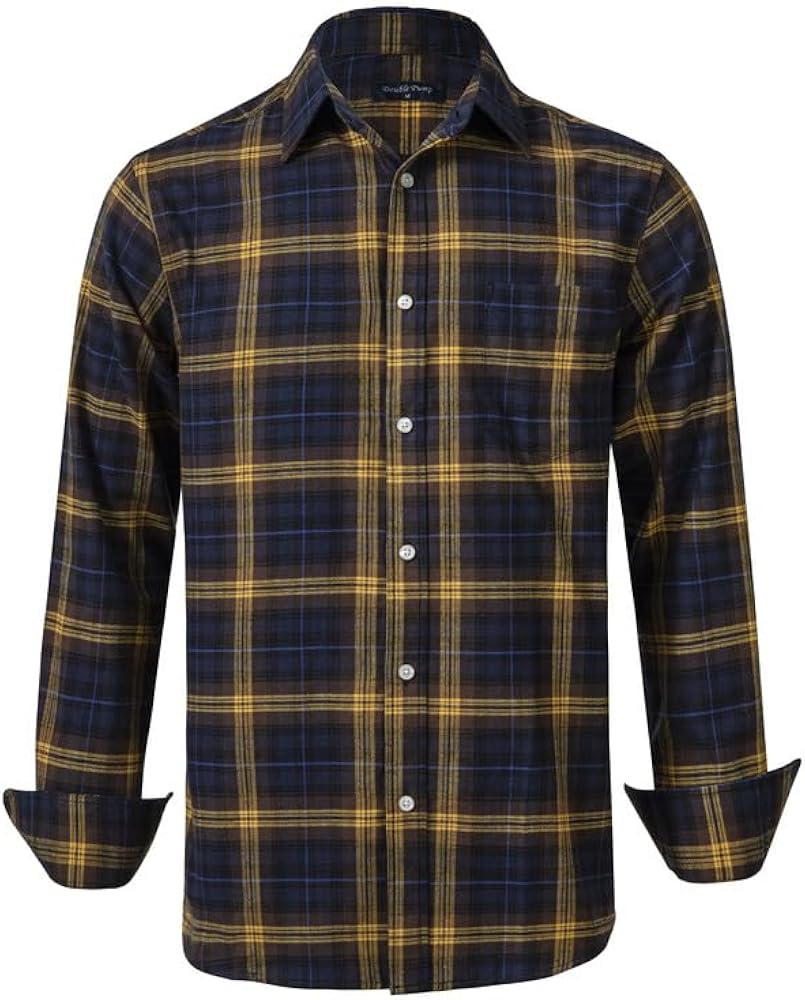 Double Pump Mens Flannel Shirts Cotton Long Sleeve Casual Regular Fit Button Down Plaid Shirts