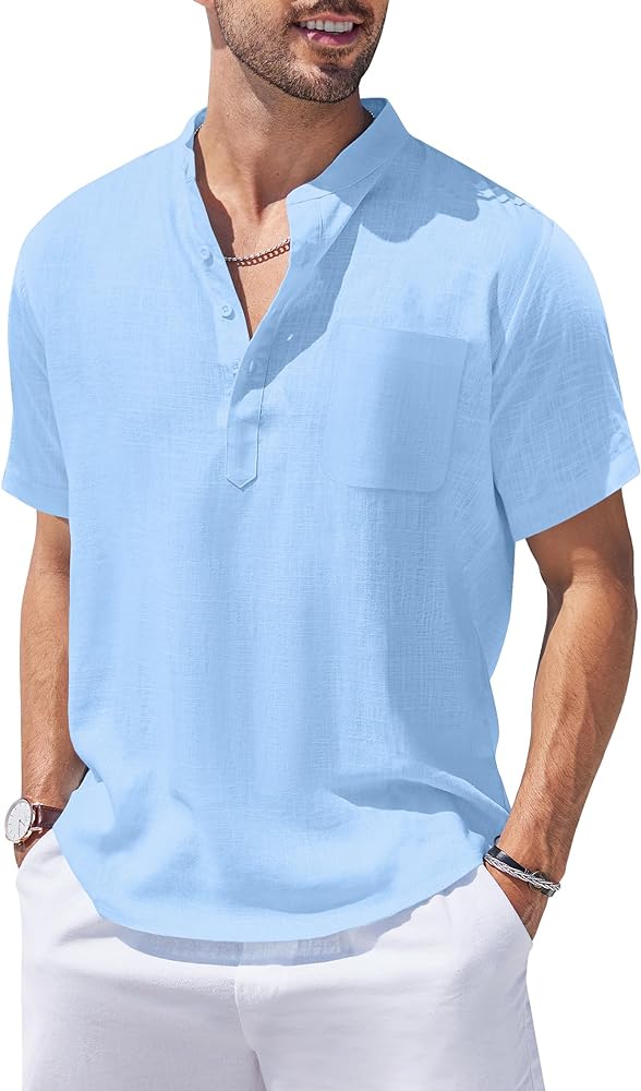 COOFANDY Men's Cotton Linen Henley Shirt Short Sleeve Hippie Casual Beach T-Shirts with Pocket