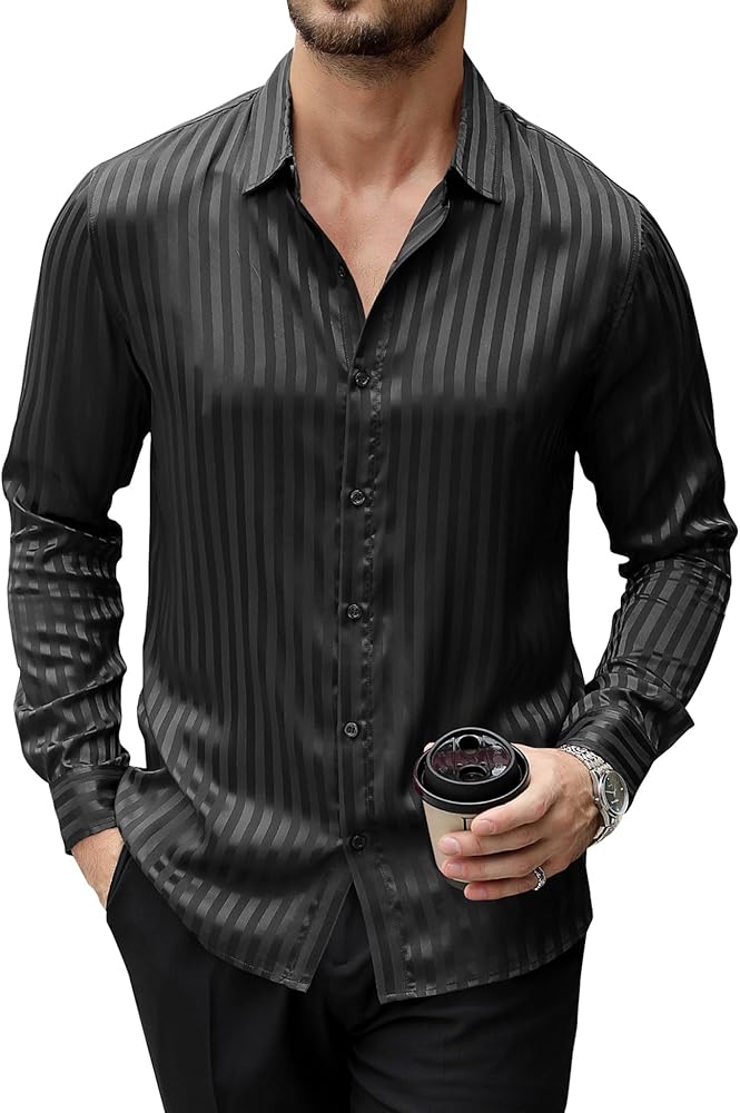 URRU Men's Satin Dress Shirts Casual Luxury Shiny Silk Long Sleeve Striped Button Down Shirt