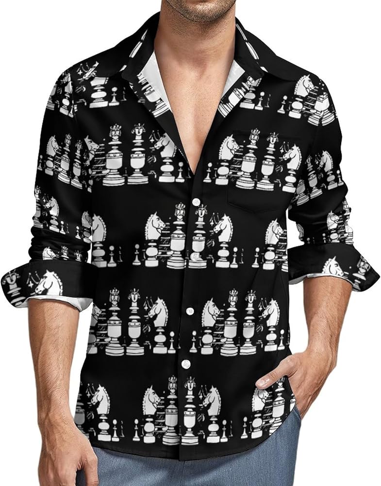 International Chess Men's Long-Sleeve Button Down Shirts Hawaiian Beach Shirt Casual Blouse Top