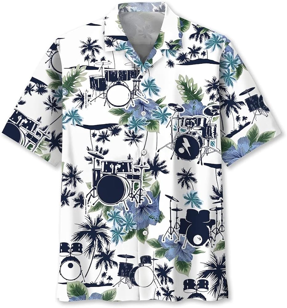 Hawaiian Drum Shirt Men Short Sleeve Drummer Button Down Shirt - Vintage Drum Shirts for Men