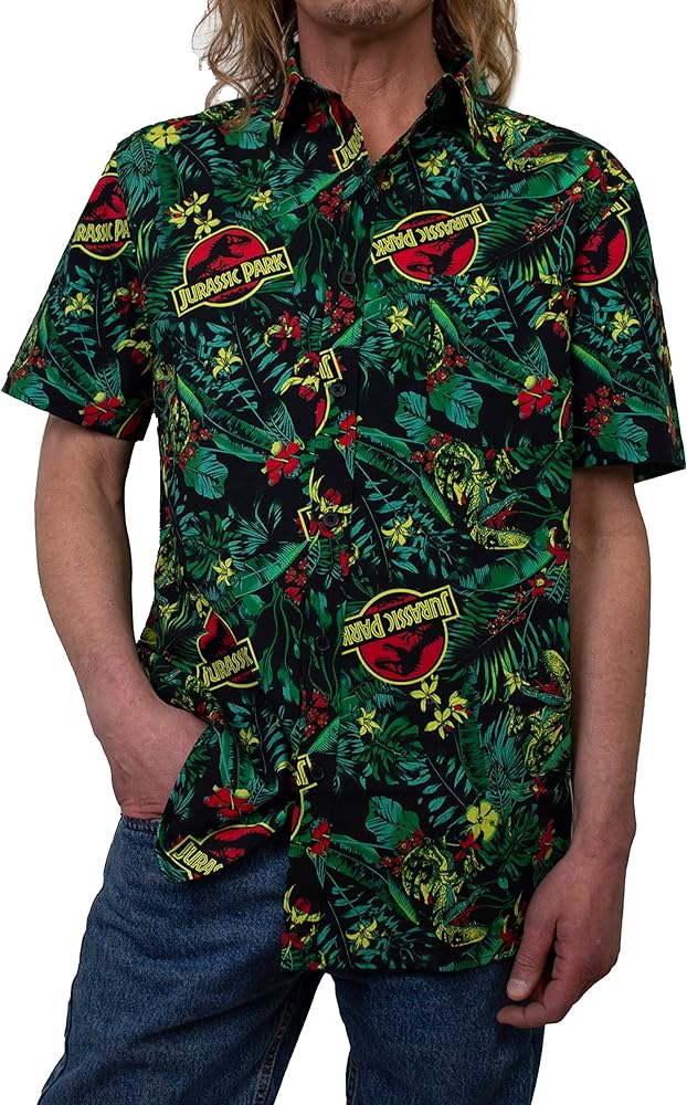 Jurassic Park Men's Tropical Raptor Pattern Button Down Shirt