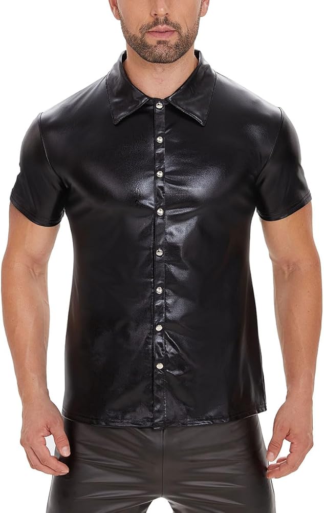 Men Sexy Leather Shirt, Shiny Patent Leather, Plus Size S-5XL, Short Sleeve Coat for Male