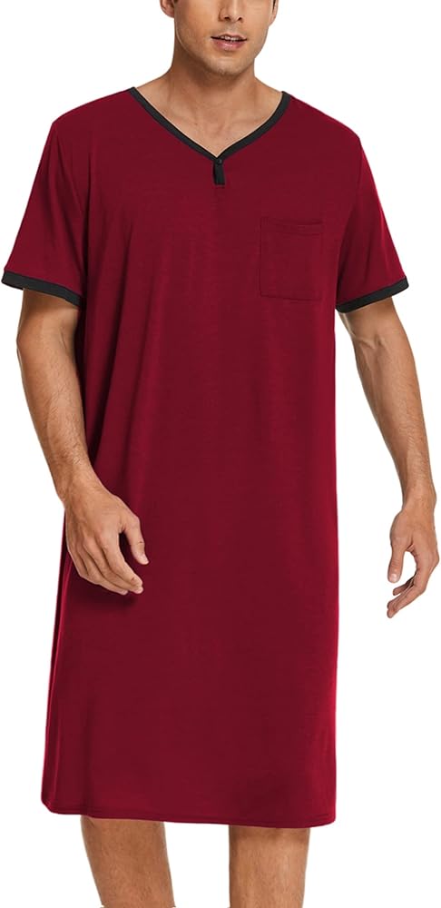 Ekouaer Men's Nightshirt Nightwear Comfy Big&Tall Short Sleeve Henley Sleep Shirt