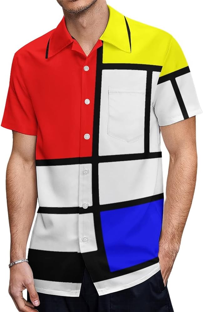 Mondrian Style Men's Short Sleeve Shirt Casual Loose Button Down Shirts for Work Beach Vacation